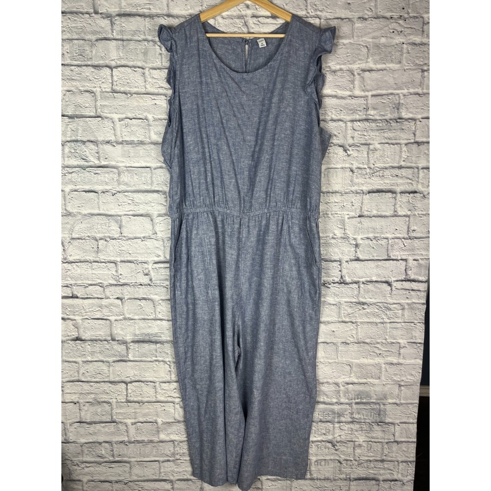 NWOT XXL Chambray Blue Ruffle Sleeve Wide Leg Jumpsuit Cropped